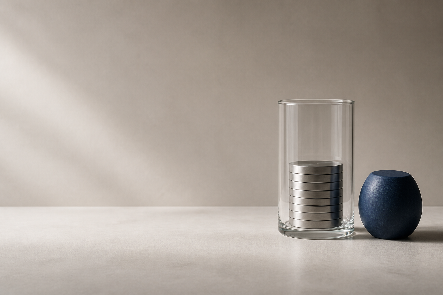 Neutrale Illustration einer geordneten Rücklage aus unmarkierten Metallscheiben in einem Glasgefäß